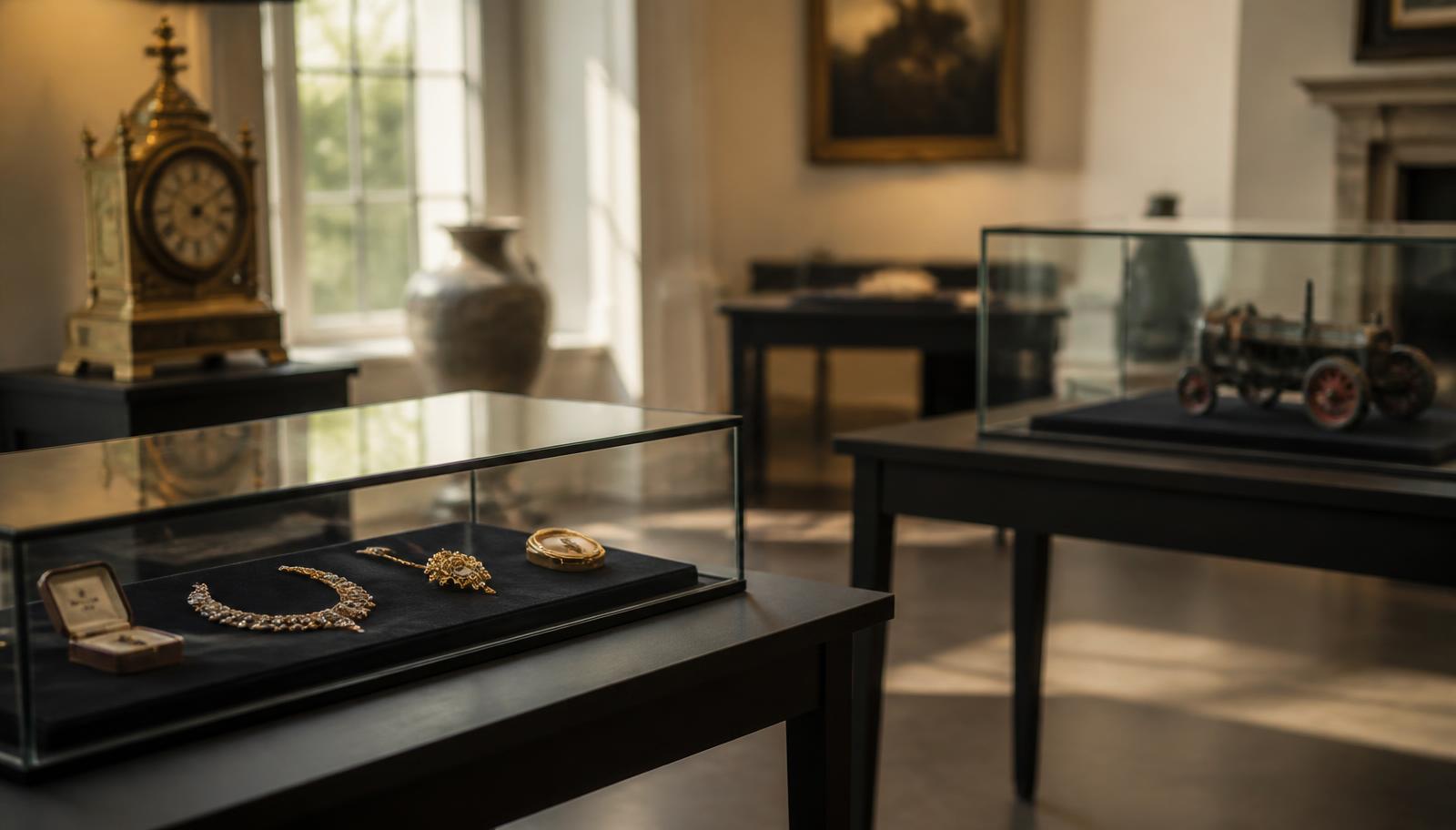 Elegant auction house interior with jewellery, antiques, and collectibles on display